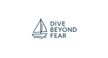 Minimal sailboat logo with the text Dive Beyond Fear in modern blue typography